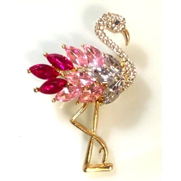 Gold Flamingo Brooch With Pink Red Rhinestone Accents Tail Feathers - Picture 1 of 3